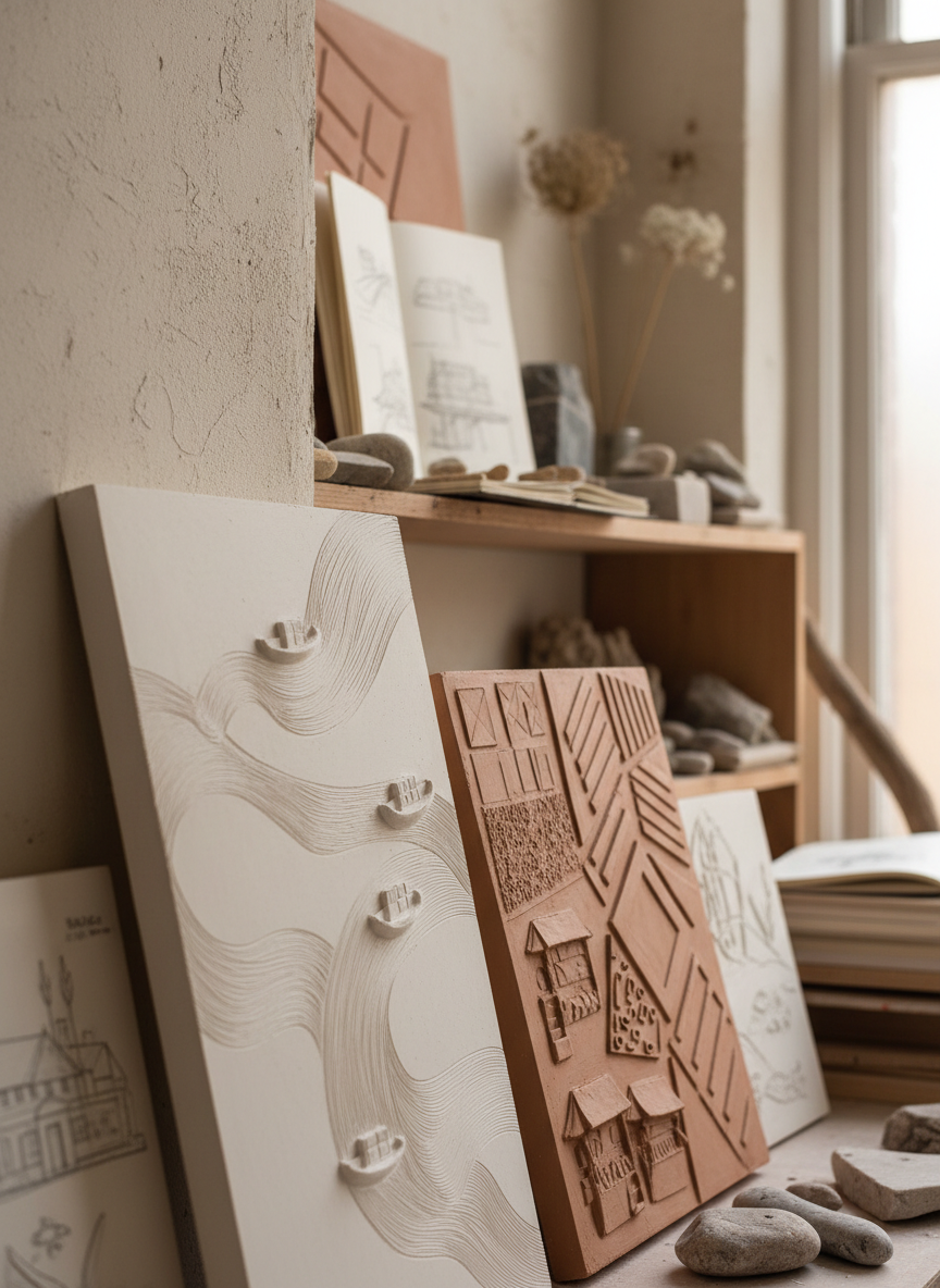 An immersive, photographic close-up of sculptural test panels leaning against an interior studio wall, each panel exploring Langport’s history and landscape in low-relief form. One panel shows stylized river currents and boats, another suggests medieval market patterns and field boundaries, all in unglazed, off-white plaster and warm terracotta. Fine incised lines and raised ridges catch soft side lighting from a tall studio window, creating delicate highlights and shadows. The background includes blurred shelves of stone samples, sketchbooks, and natural objects like dried seed heads and pebbles from the river. Shot at a three-quarter angle with shallow depth of field, the mood is quietly investigative and professional, suggesting the artist’s research process behind the public art commission.