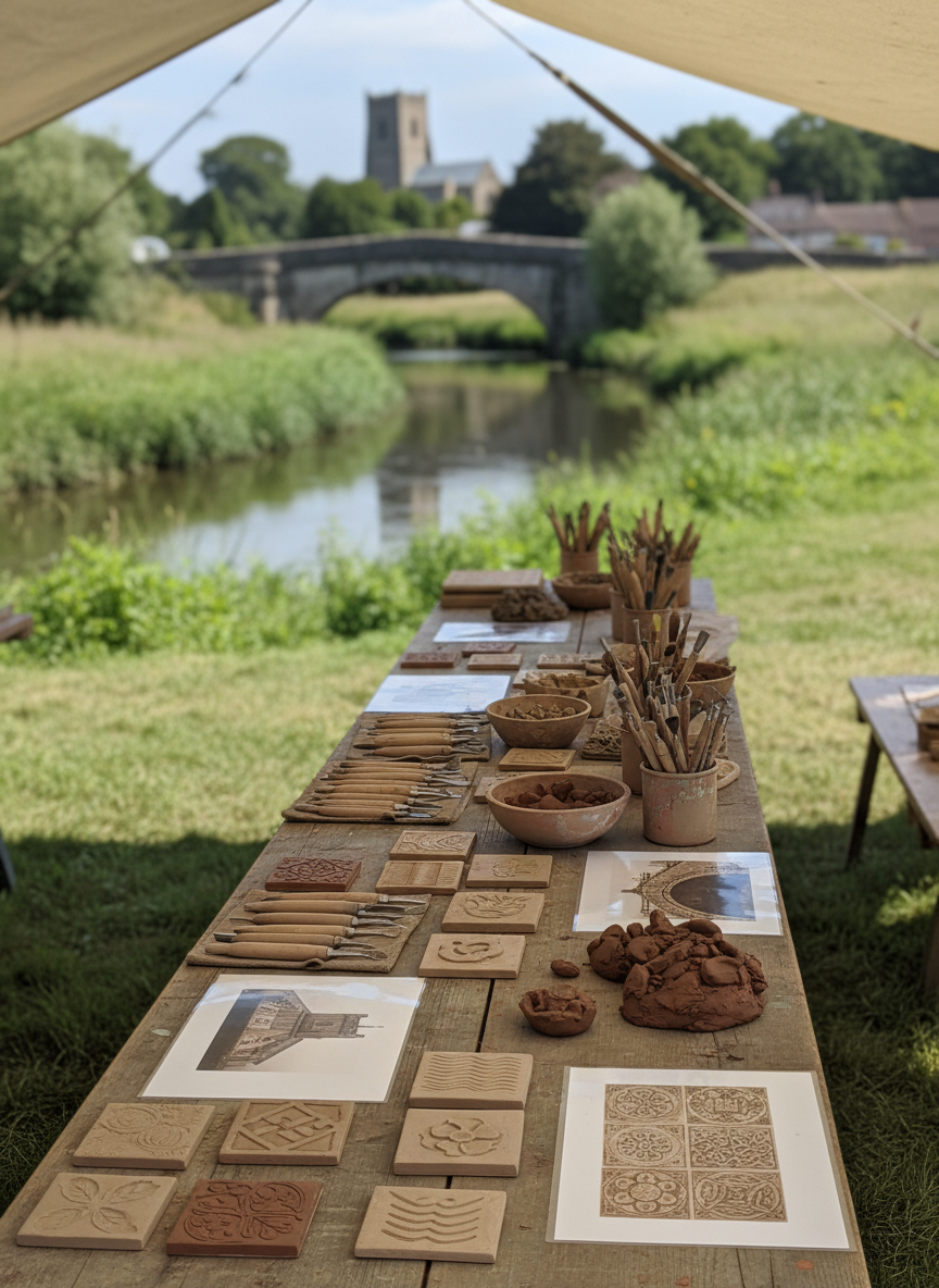 A photographic scene of an outdoor community art workshop station set up beside a view of the River Parrett and Langport’s distant church tower on the hill. A long wooden table holds neatly arranged sculpting tools, trays of clay in earthy tones, textured sample tiles, and printed reference images of local landmarks and historical motifs, all without visible text. The riverbank greenery and a glimpse of the iconic bow of the bridge form a soft-focus background. Bright but gentle midday light illuminates the materials, casting crisp shadows that define each object. Shot from a slightly elevated angle, the composition feels organized and welcoming, conveying collaborative creativity and the community’s role in shaping the forthcoming wall relief.